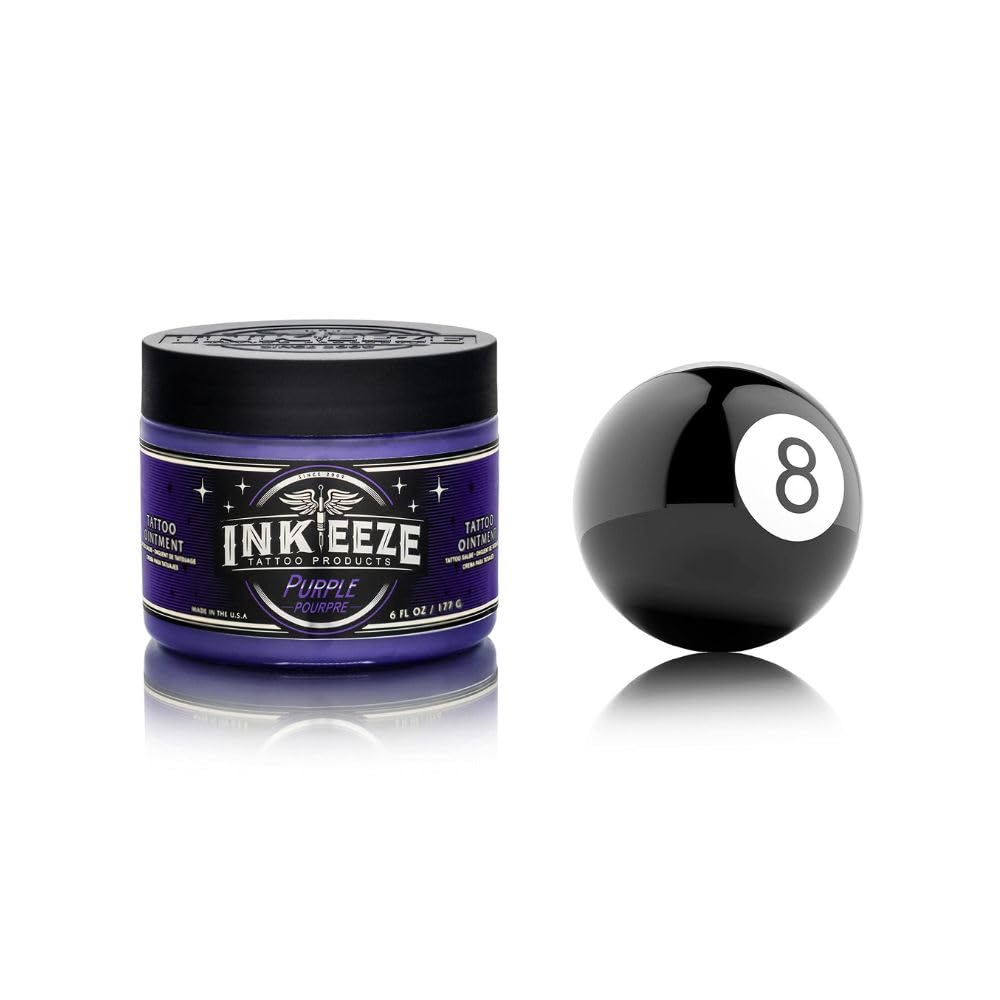INK-EEZE Purple Tattoo Ointment packaging highlighting cruelty-free and USA-made quality