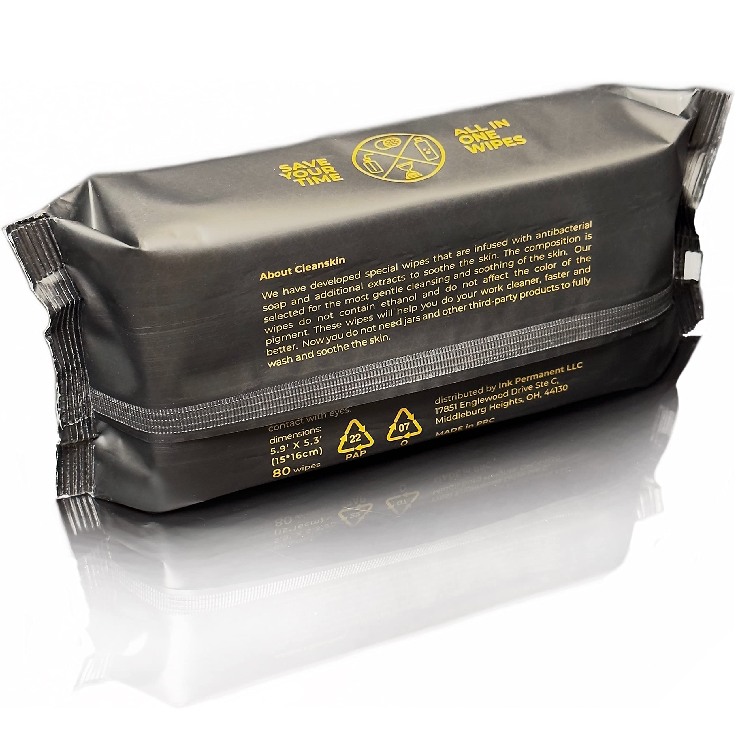 Ink Permanent CleanSkin Wipes premixed formula highlights time-saving, pre-soaked cleanliness during sessions.