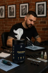 Ink Permanent pre-soaked green soap wipes close-up highlights mess-free prep for tattooing.