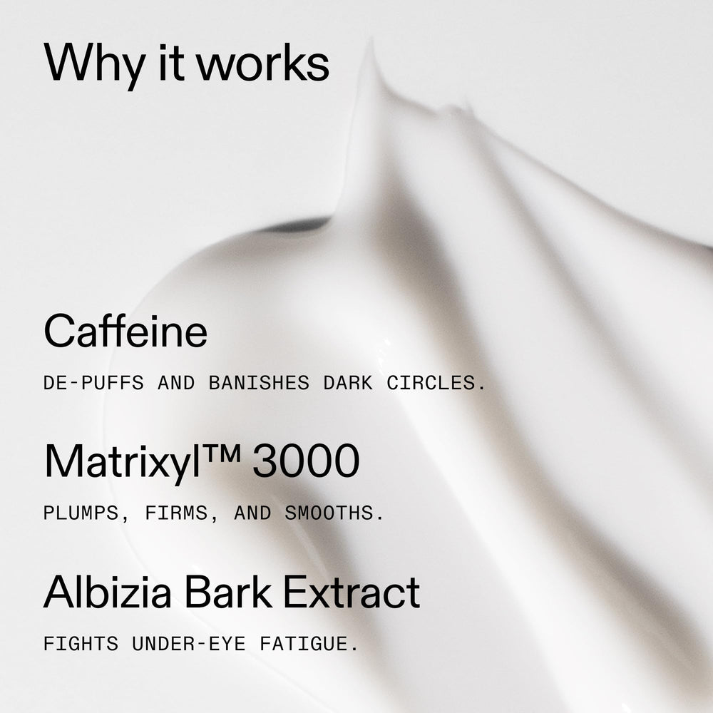 Albizia bark brightening effect suggested near under-eye with The INKEY List Caffeine Eye Cream