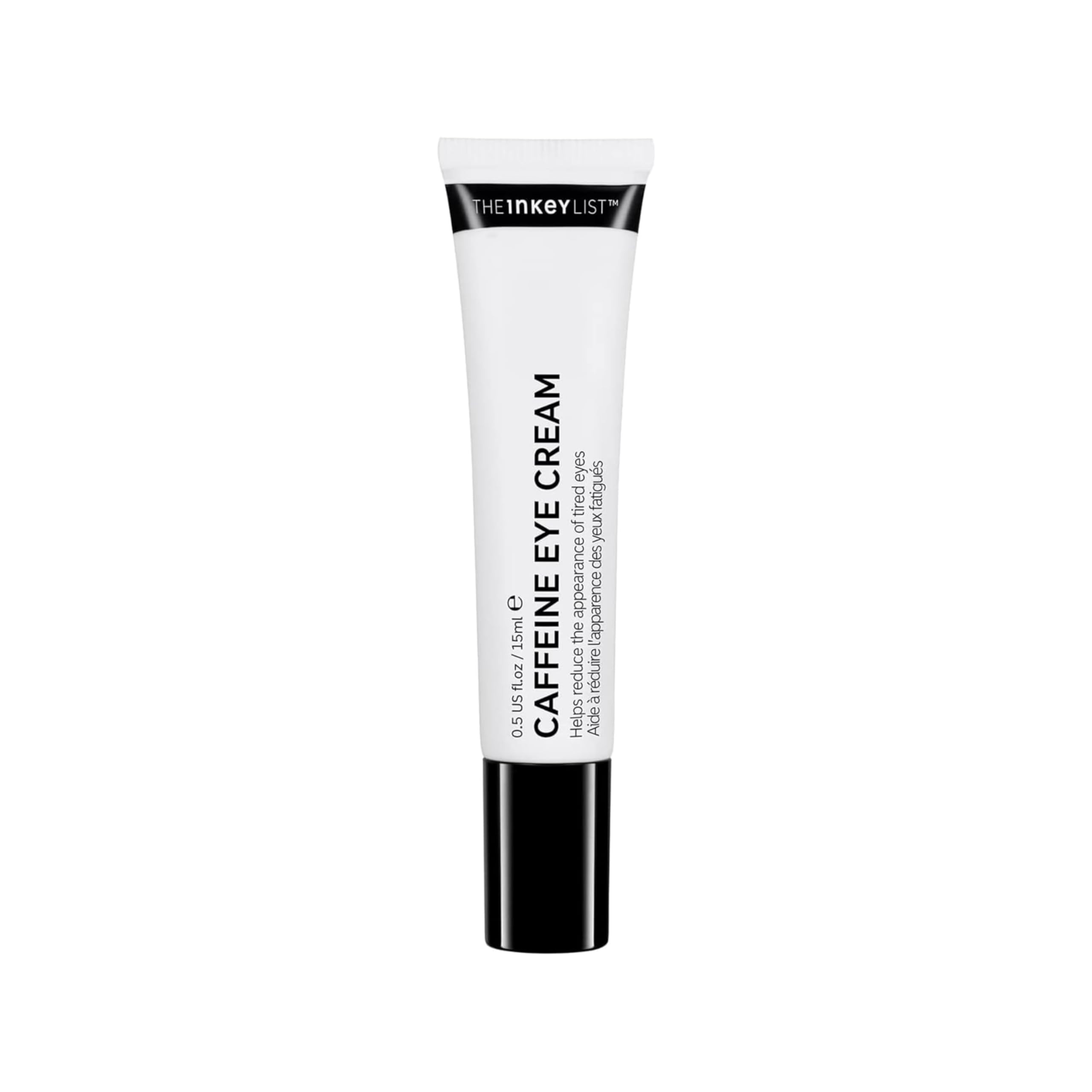 The INKEY List Caffeine Eye Cream tube close-up shows lightweight hydration for puffy eyes