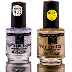 INM Northern Lights hologram top coat duo silver bottle swatch delivers a shimmering 3D effect on nails.