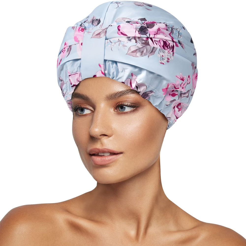INNELO Luxury Shower Cap blue flower front view keeps hair dry during showers