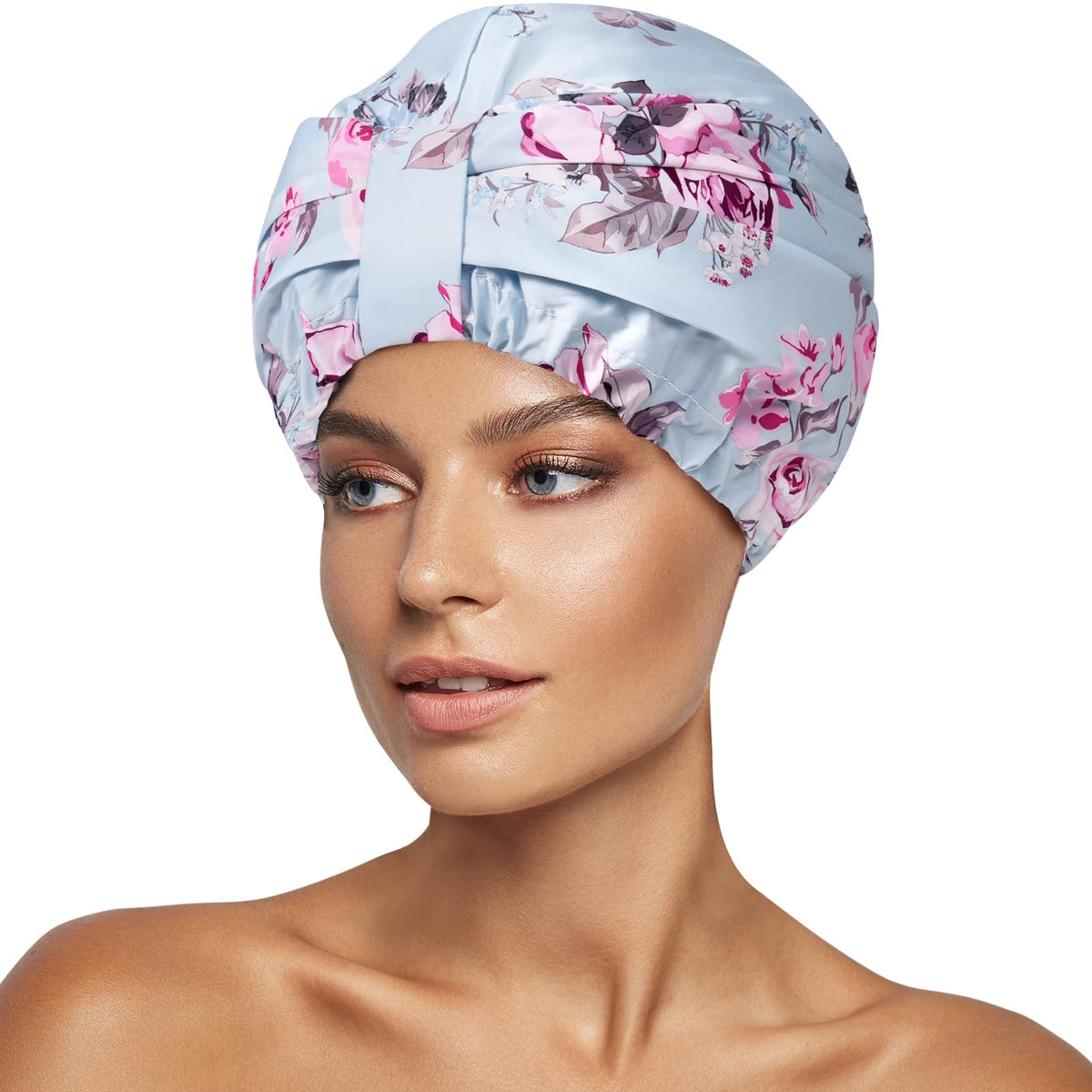 INNELO Luxury Shower Cap blue flower front view keeps hair dry during showers