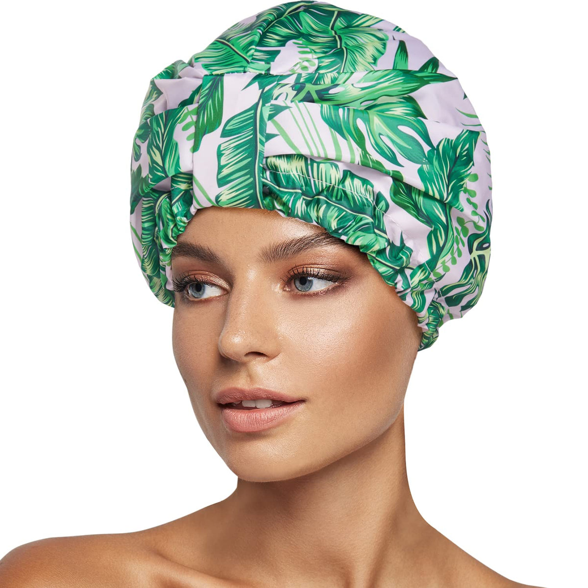 INNELO luxury shower cap with palm leaves pattern keeps hair dry during shower.