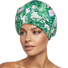 INNELO luxury shower cap with palm leaves pattern keeps hair dry during shower.