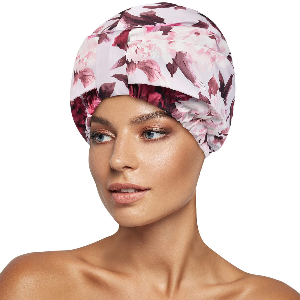 INNELO luxury shower cap with pink flower pattern keeps hair dry during showers.