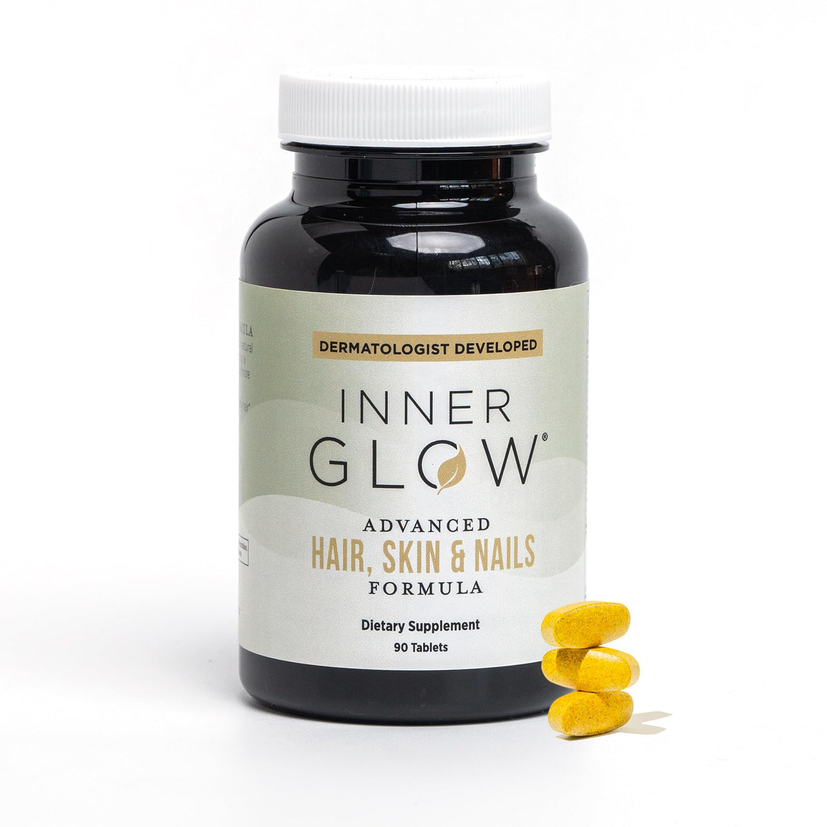 Inner Glow Advanced bottle showing daily hair skin nails support from within