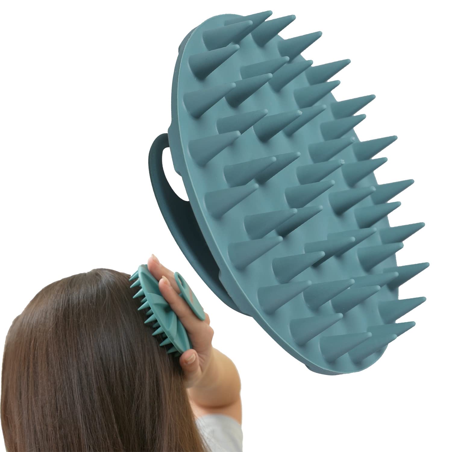 INNERNEED front view of dark green silicone scalp massager, ergonomic grip benefit