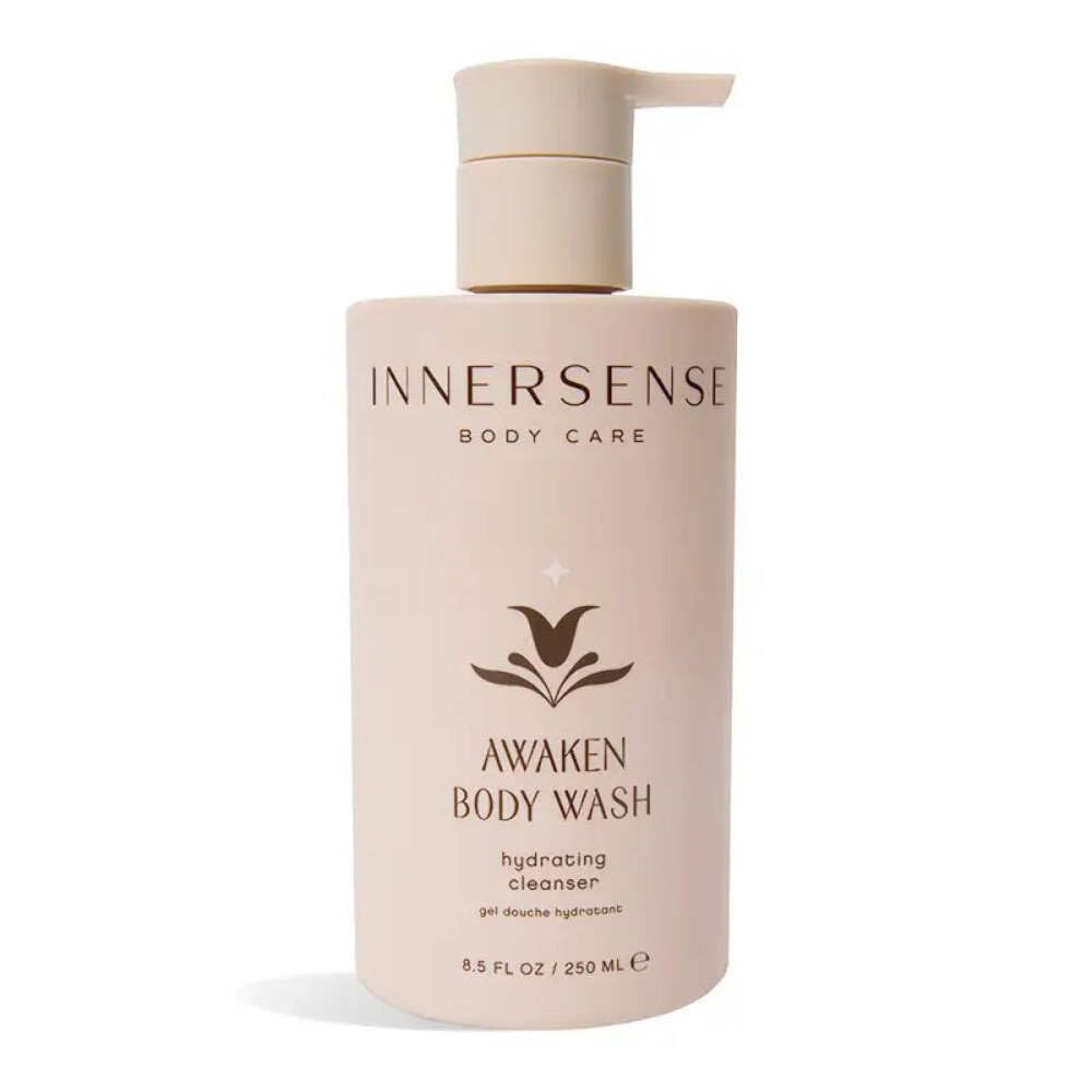 INNERSENSE Awaken Body Wash bottle closeup highlighting non-toxic formula and citrus scent