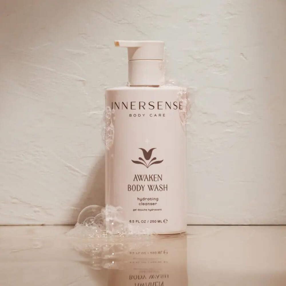 INNERSENSE Awaken Body Wash label emphasizes cruelty-free, paraben- and phthalate-free ingredients
