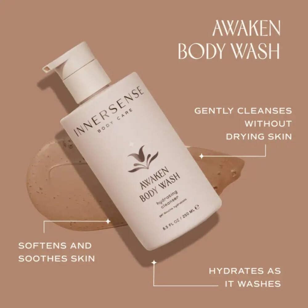 INNERSENSE Awaken Body Wash product in shower with soft foamy texture and clean rinse