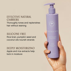 INNERSENSE Bright Balance Purple Toning Conditioner applied to hair for moisture and frizz control.