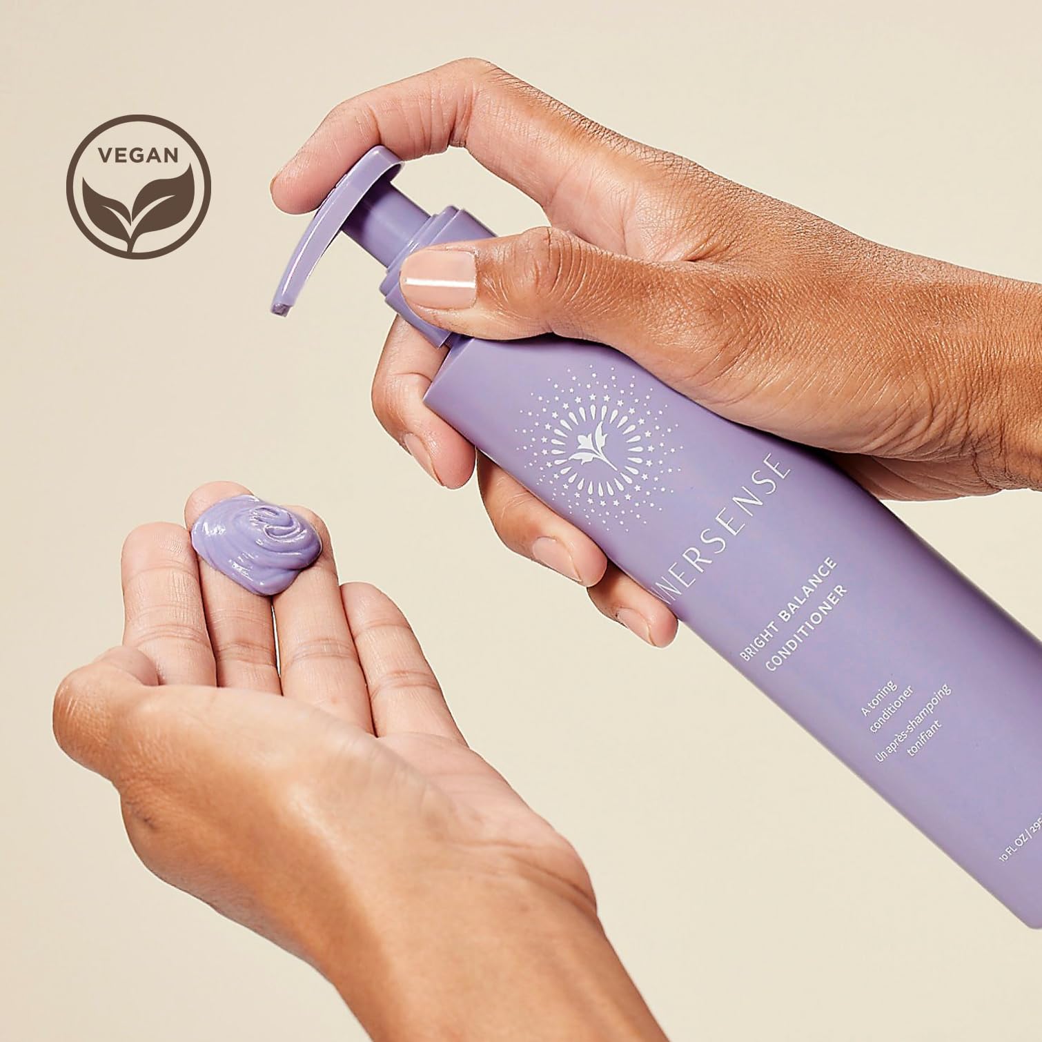 INNERSENSE Bright Balance Purple Toning Conditioner ingredients close-up featuring rice bran oil.