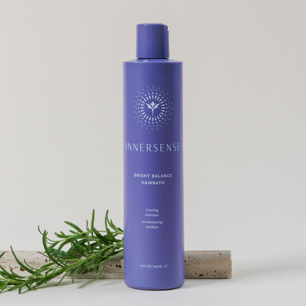 INNERSENSE Bright Balance Purple Toning Hairbath before-after indicates brighter blonde or gray tones.