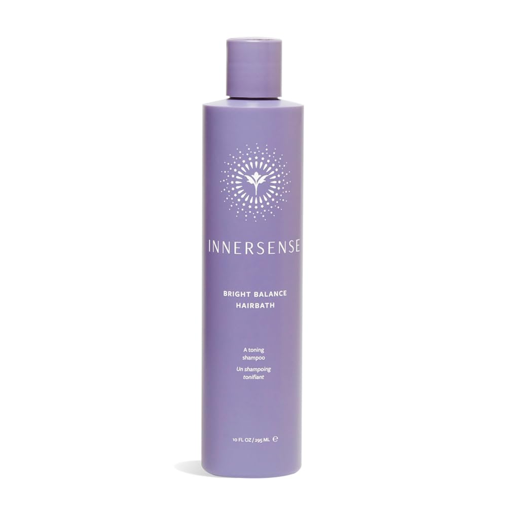 INNERSENSE Bright Balance Purple Toning Hairbath bottle shows color-safe formula neutralizing brass.