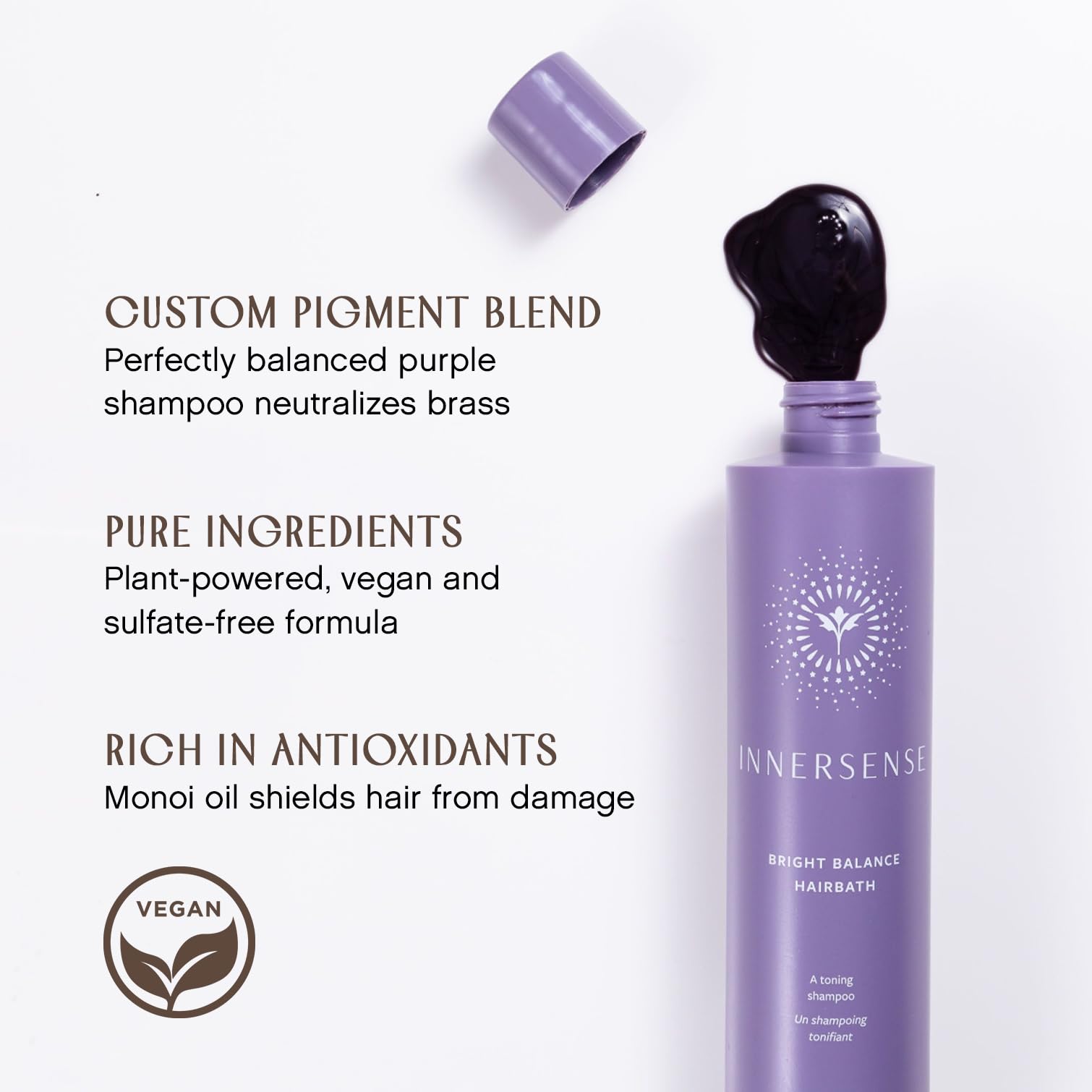 INNERSENSE Bright Balance Purple Toning Hairbath ingredients map highlights apple, rice extracts, and monoi oil.
