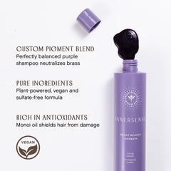 INNERSENSE Bright Balance Purple Toning Hairbath ingredients map highlights apple, rice extracts, and monoi oil.