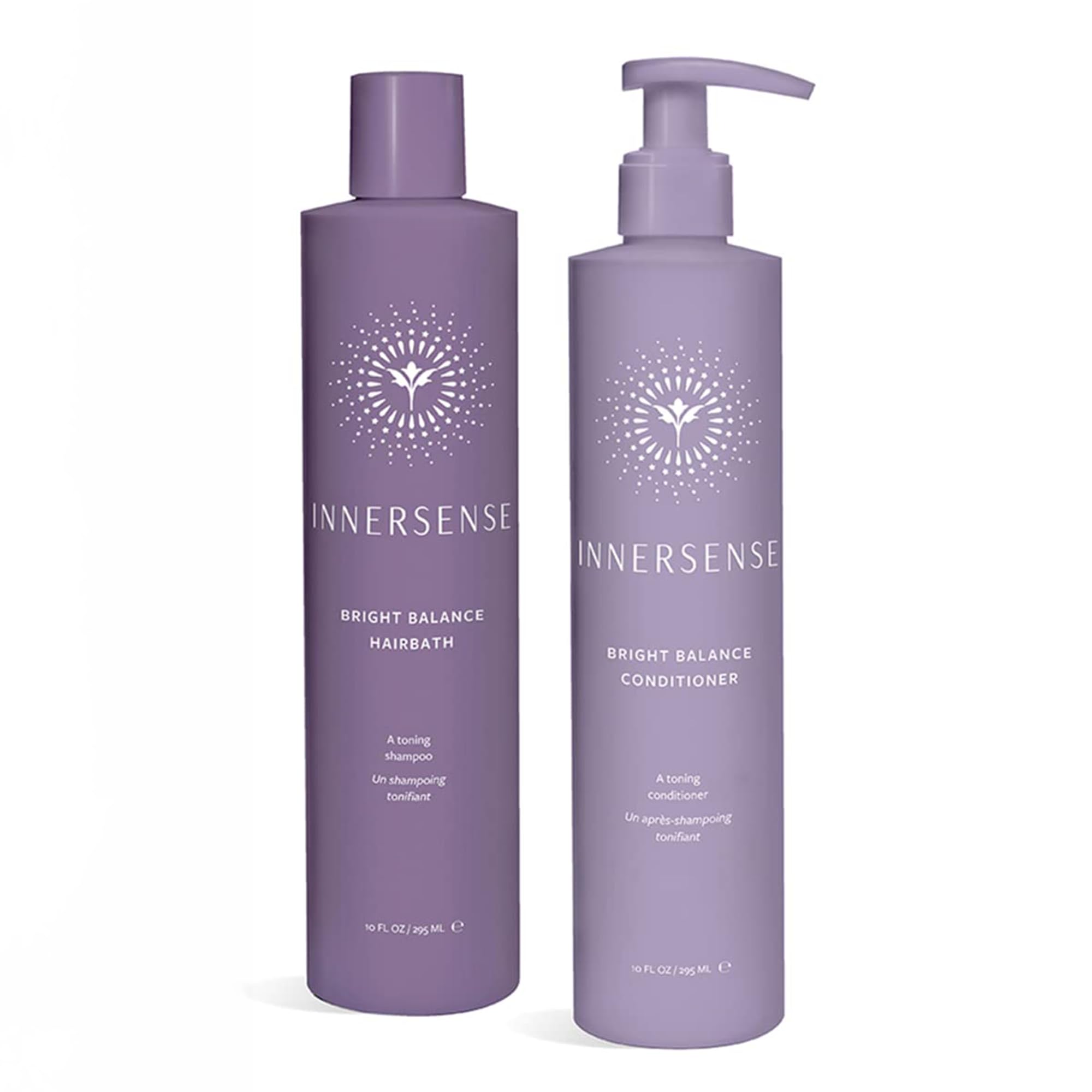 INNERSENSE Bright Balance shampoo bottle highlights cool-toned color for blonde and gray hair.