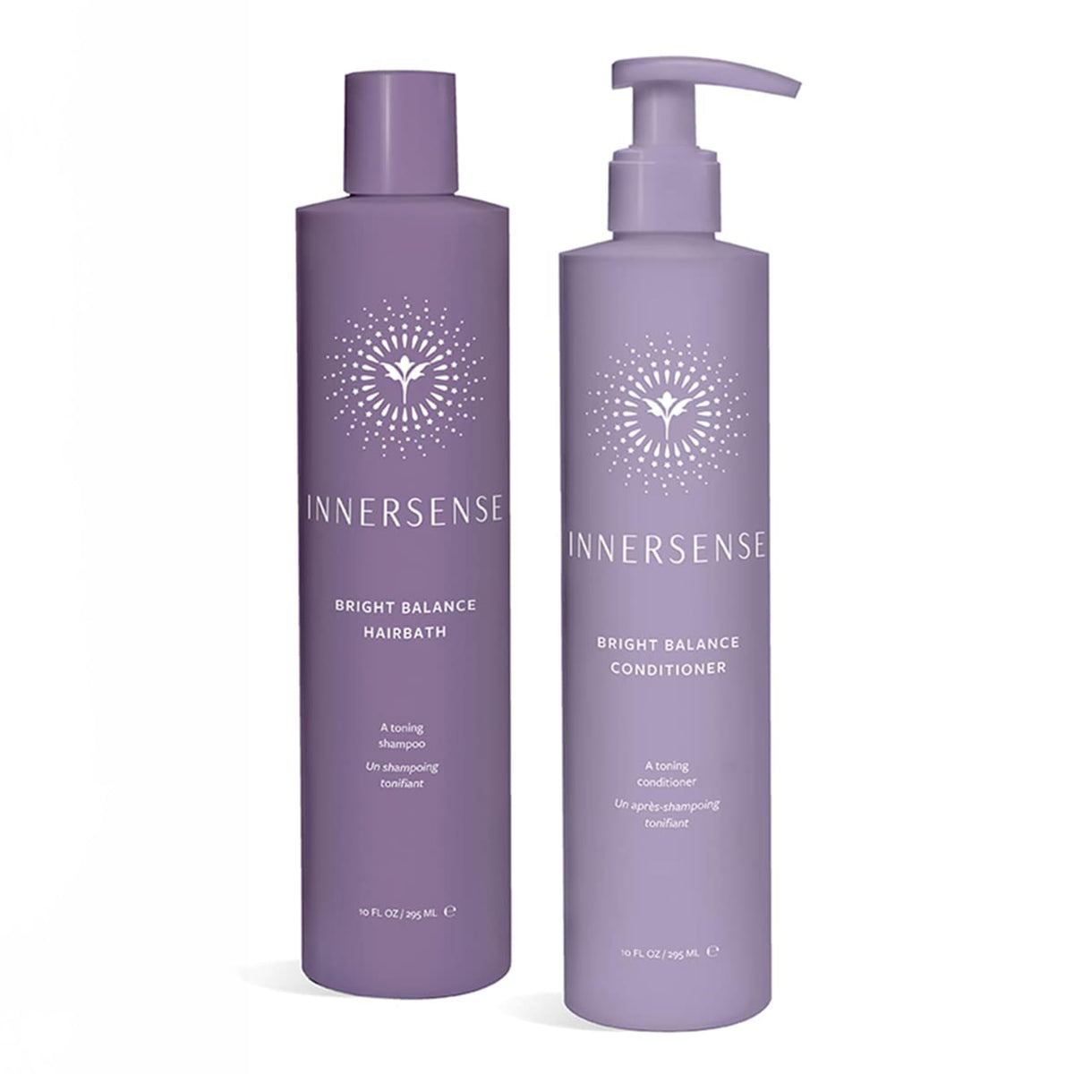 INNERSENSE Bright Balance shampoo bottle highlights cool-toned color for blonde and gray hair.