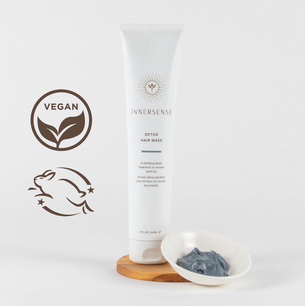 INNERSENSE charcoal-kaolin-clay close-up showcases purifying cleansing action on hair.