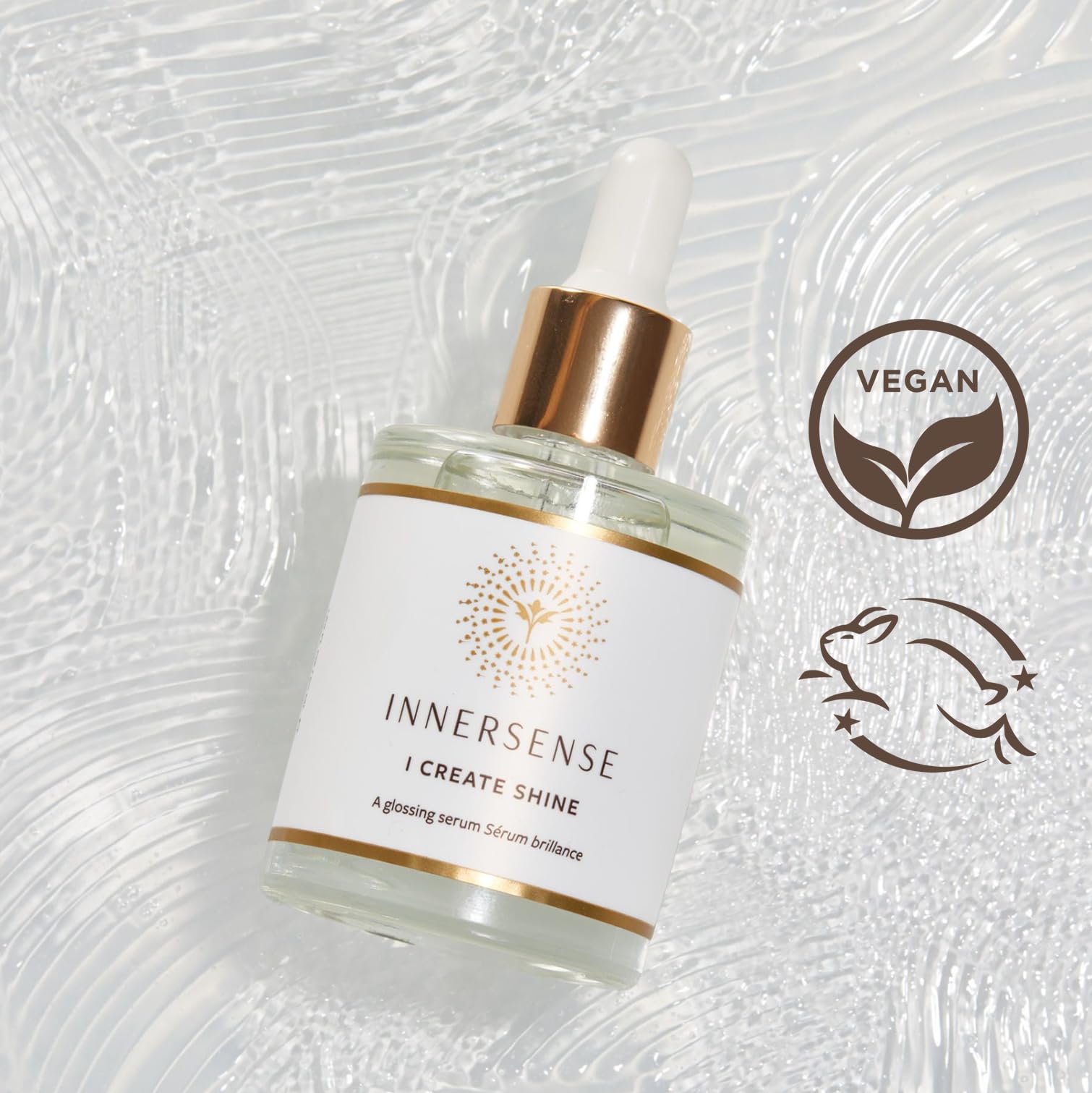 INNERSENSE Shine Serum ingredient panel highlighting macadamia and cranberry oils