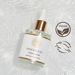 INNERSENSE Shine Serum ingredient panel highlighting macadamia and cranberry oils