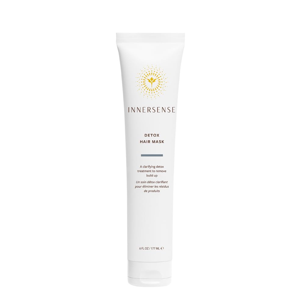 INNERSENSE natural detox hair mask bottle demonstrates a gentle clarifying treatment for hair.