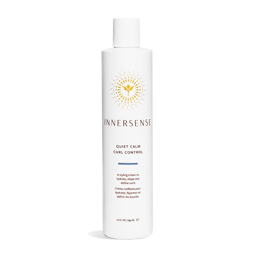 INNERSENSE Natural Quiet Calm Curl Control bottle closeup highlighting curl hydration and definition.