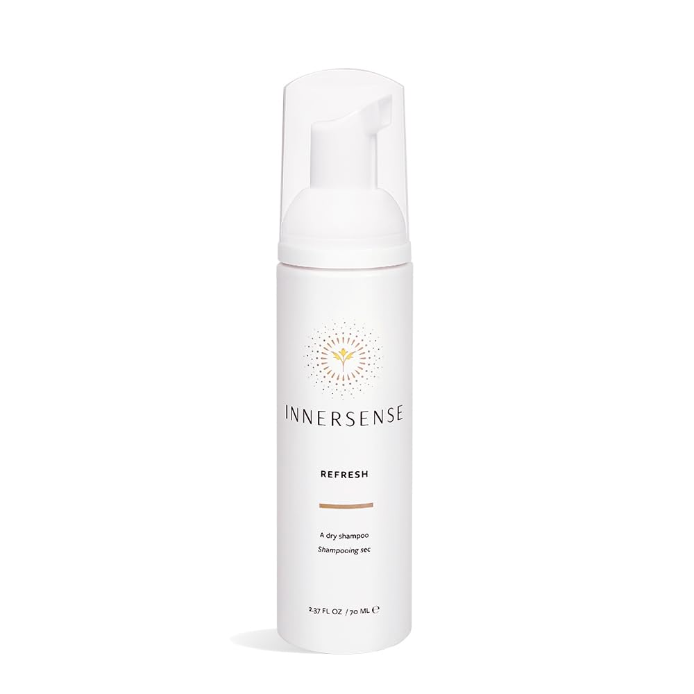 INNERSENSE Natural Refresh Dry Shampoo bottle texture demonstrates oil control and texture boost.
