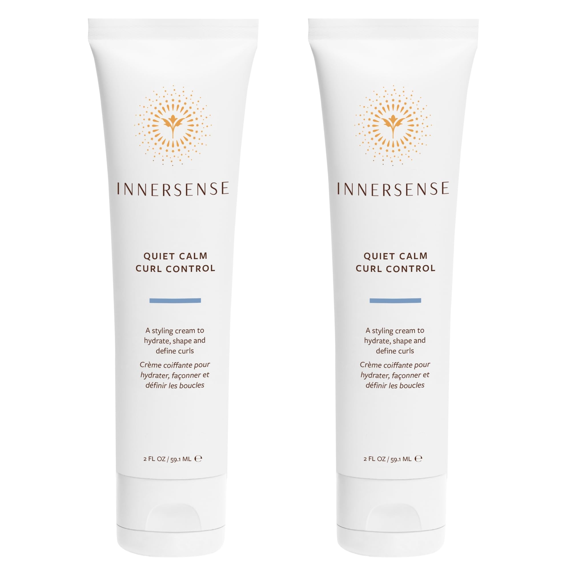 INNERSENSE Quiet Calm Curl Control bottle demonstrates smoothing hydration for defined, frizz-free curls