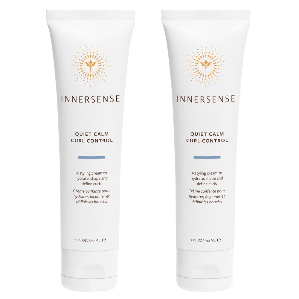 INNERSENSE Quiet Calm Curl Control bottle demonstrates smoothing hydration for defined, frizz-free curls