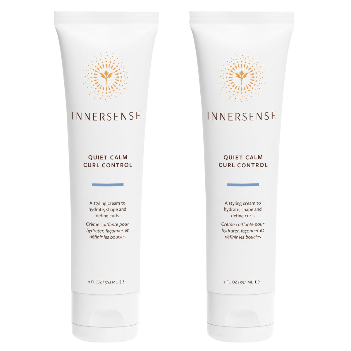 INNERSENSE Quiet Calm Curl Control bottle demonstrates smoothing hydration for defined, frizz-free curls