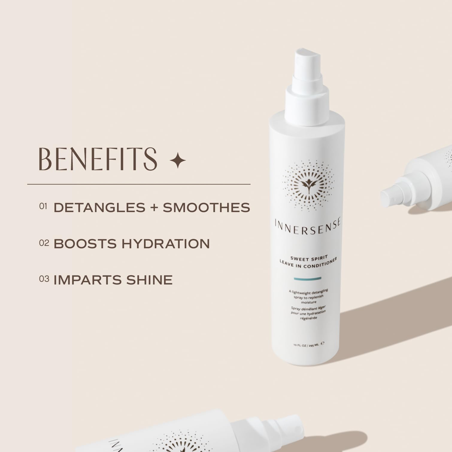 Close-up of INNERSENSE Sweet Spirit ingredients with aloe, rosemary, and tamanu for conditioning.