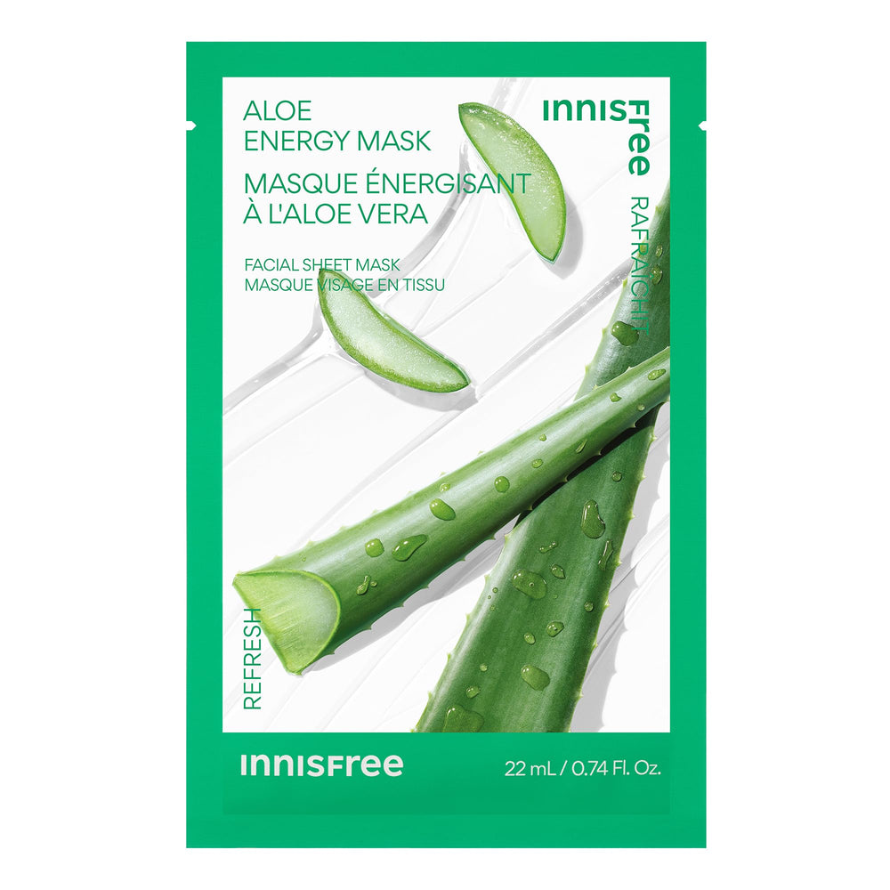 Innisfree Aloe Energy Mask sheet unfolding for hydrating and soothing skincare.