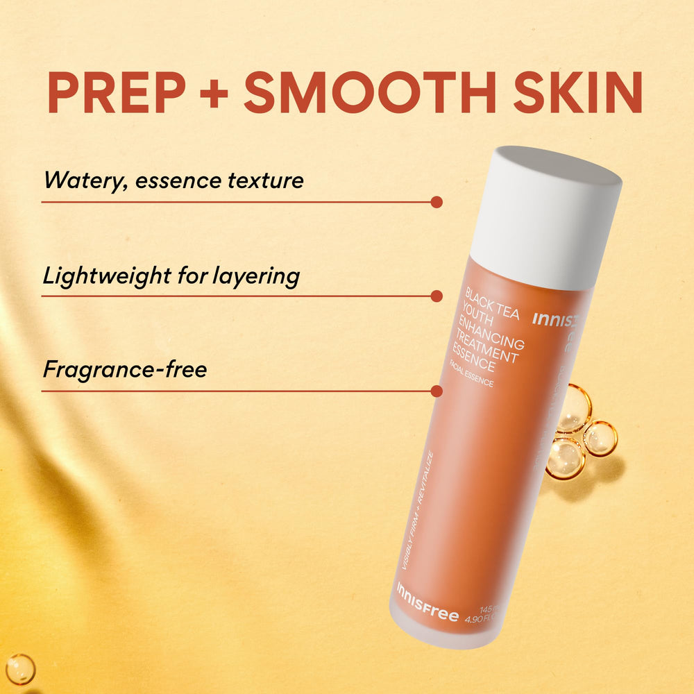 Innisfree Black Tea Youth Essence liquid texture shown for fresh hydration.