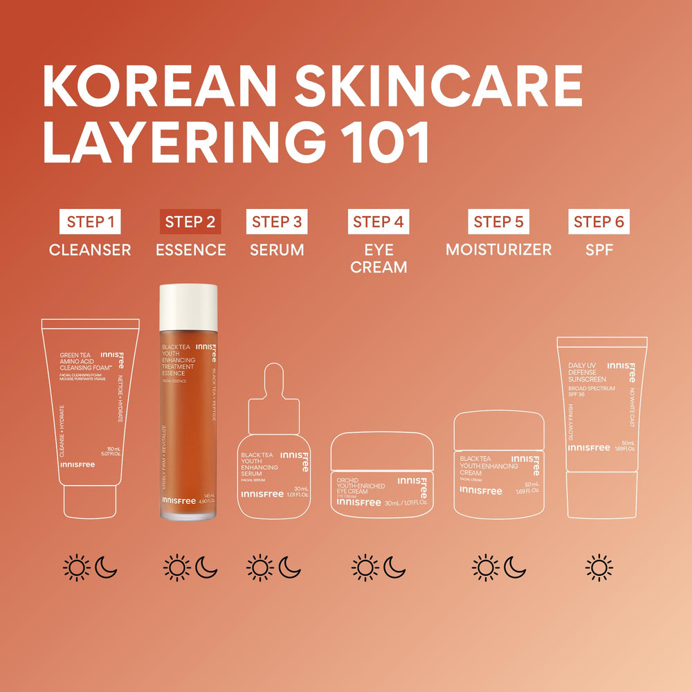 Innisfree Black Tea Youth Essence compact packaging on shelf.