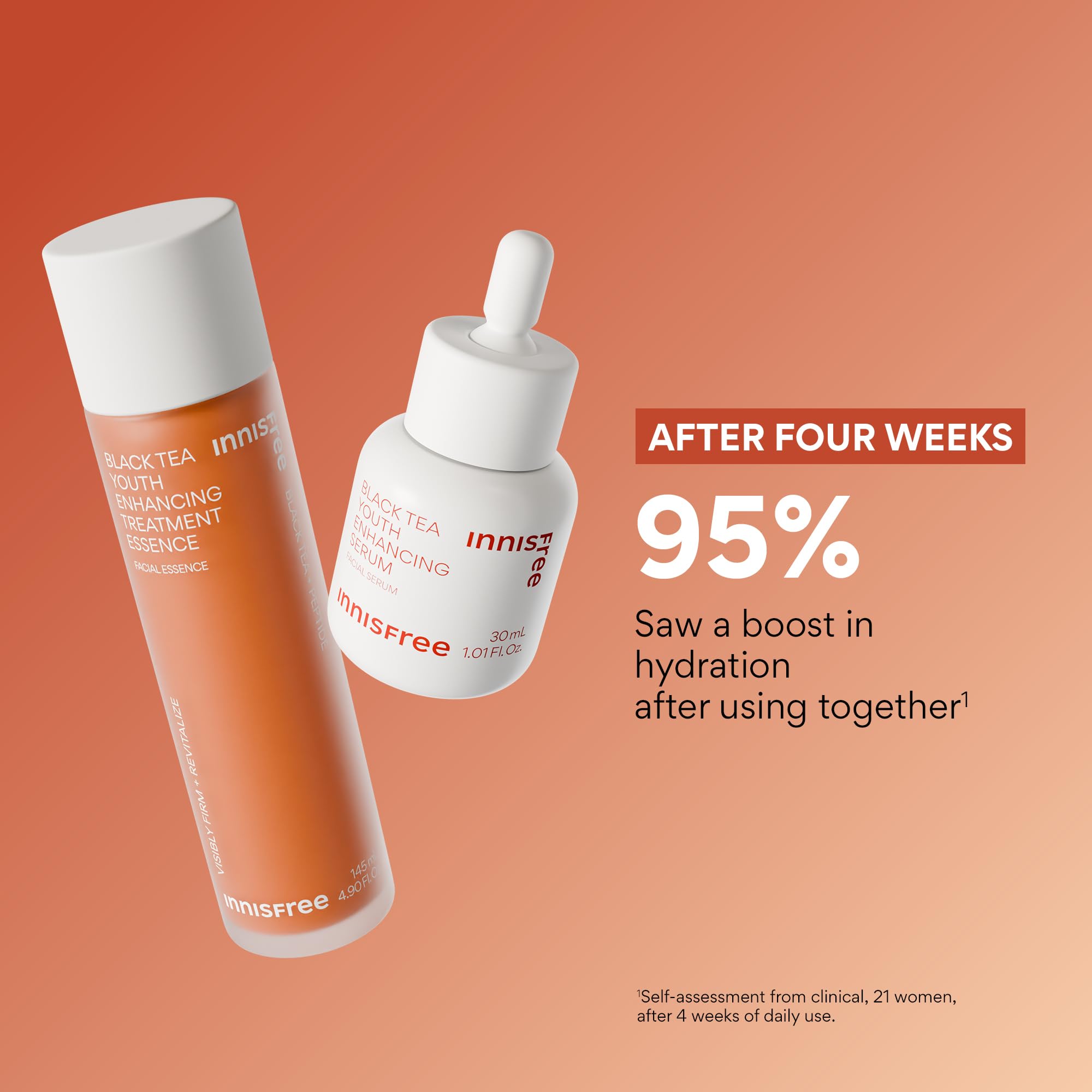 Innisfree Black Tea Youth Essence vegan and cruelty-free badge on packaging.