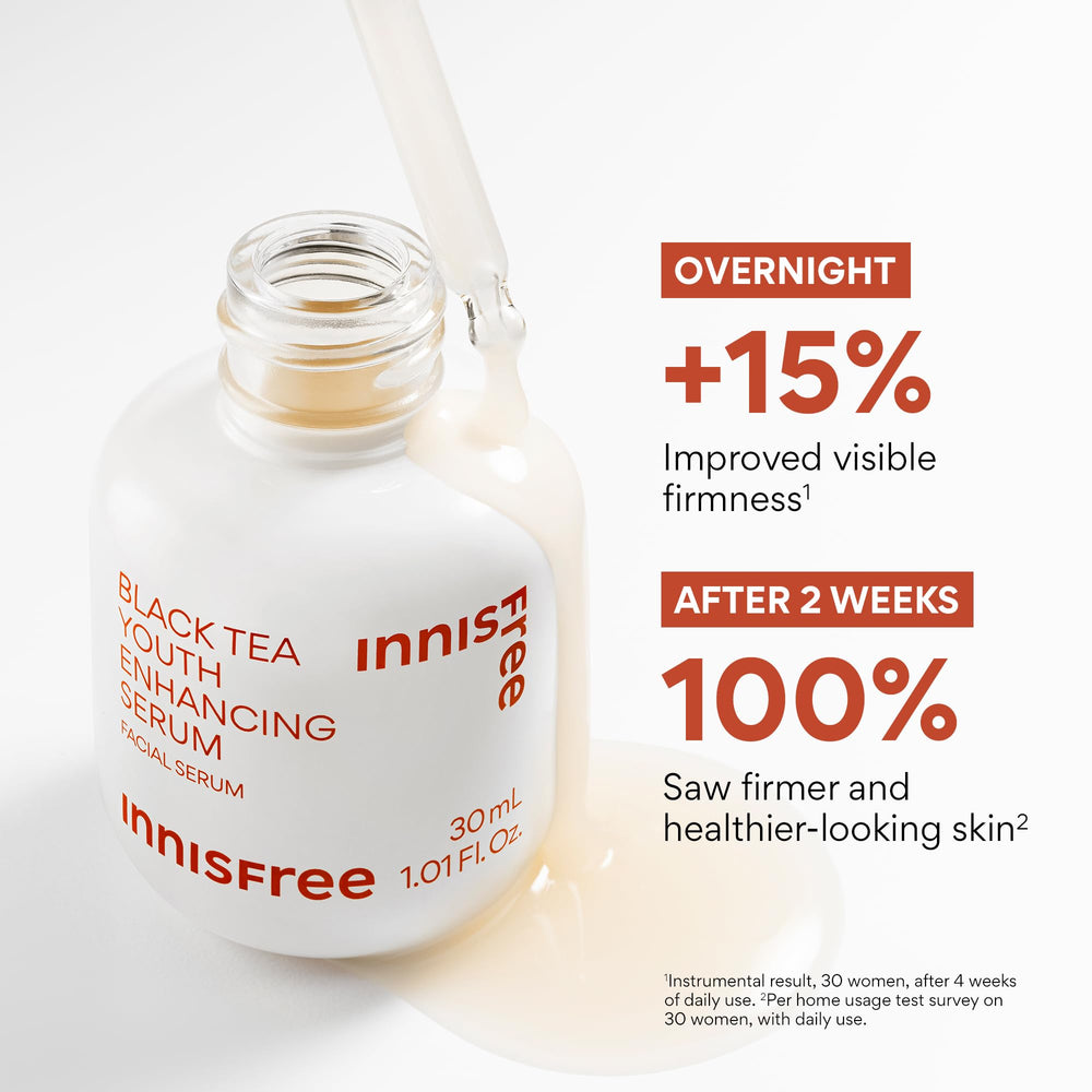 Innisfree Black Tea Youth Serum packaging showcases clean, travel-friendly design