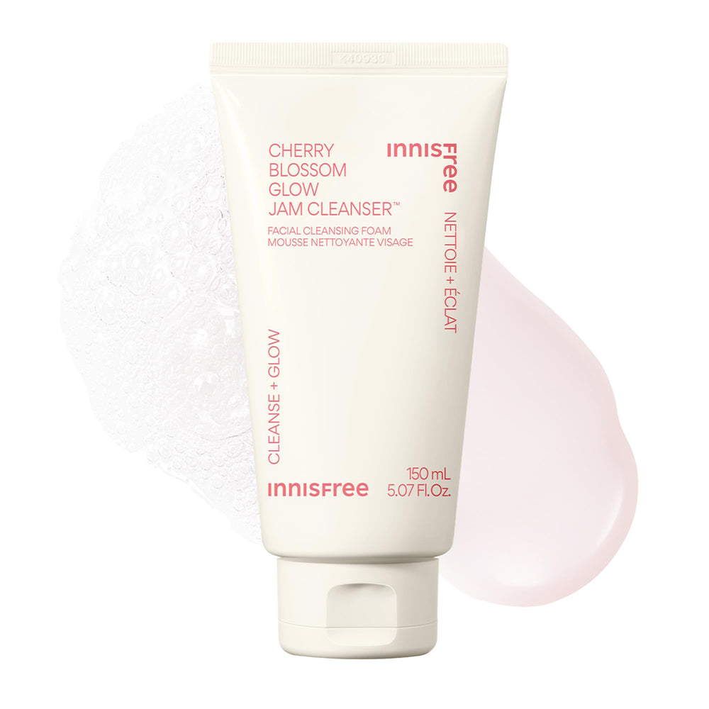 Innisfree Cherry Blossom Glow Jam Cleanser texture, pink jelly for gentle glow and hydration.