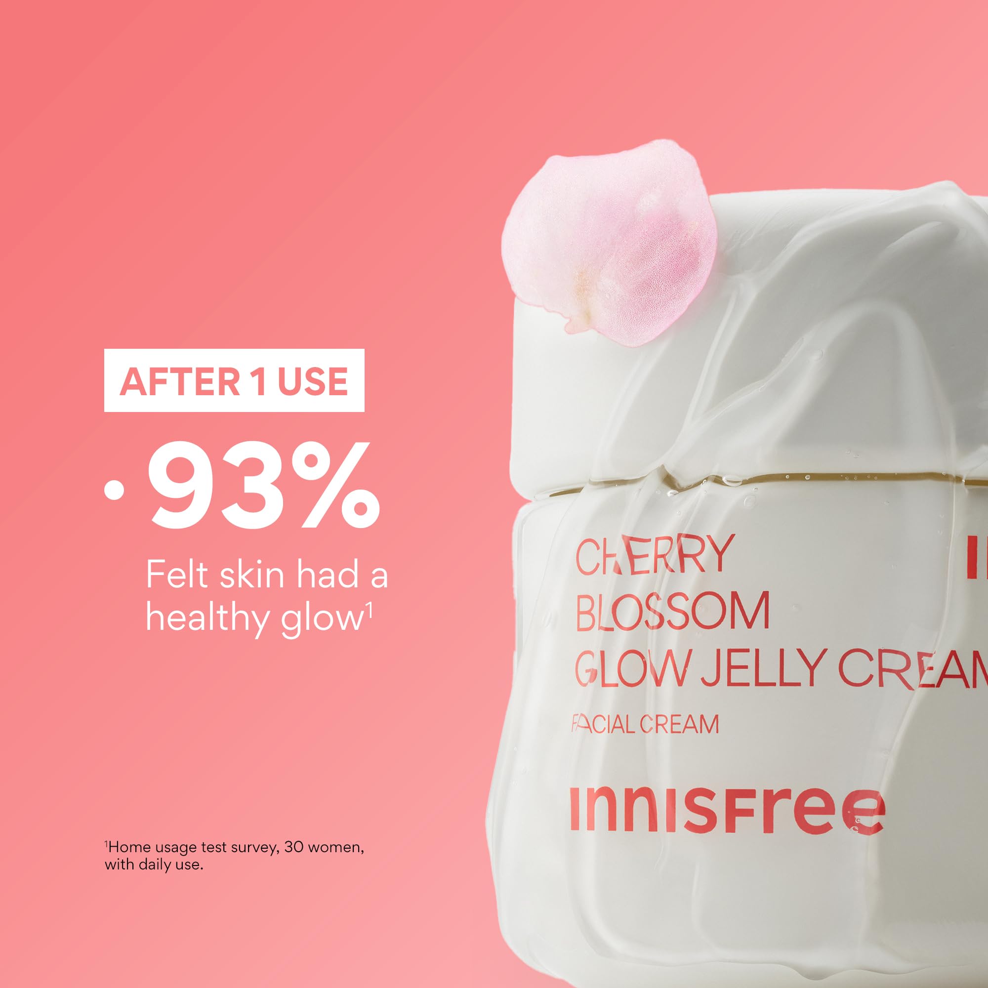 Innisfree Cherry Blossom Glow Jelly Cream jar reveals translucent gel and dewy finish
