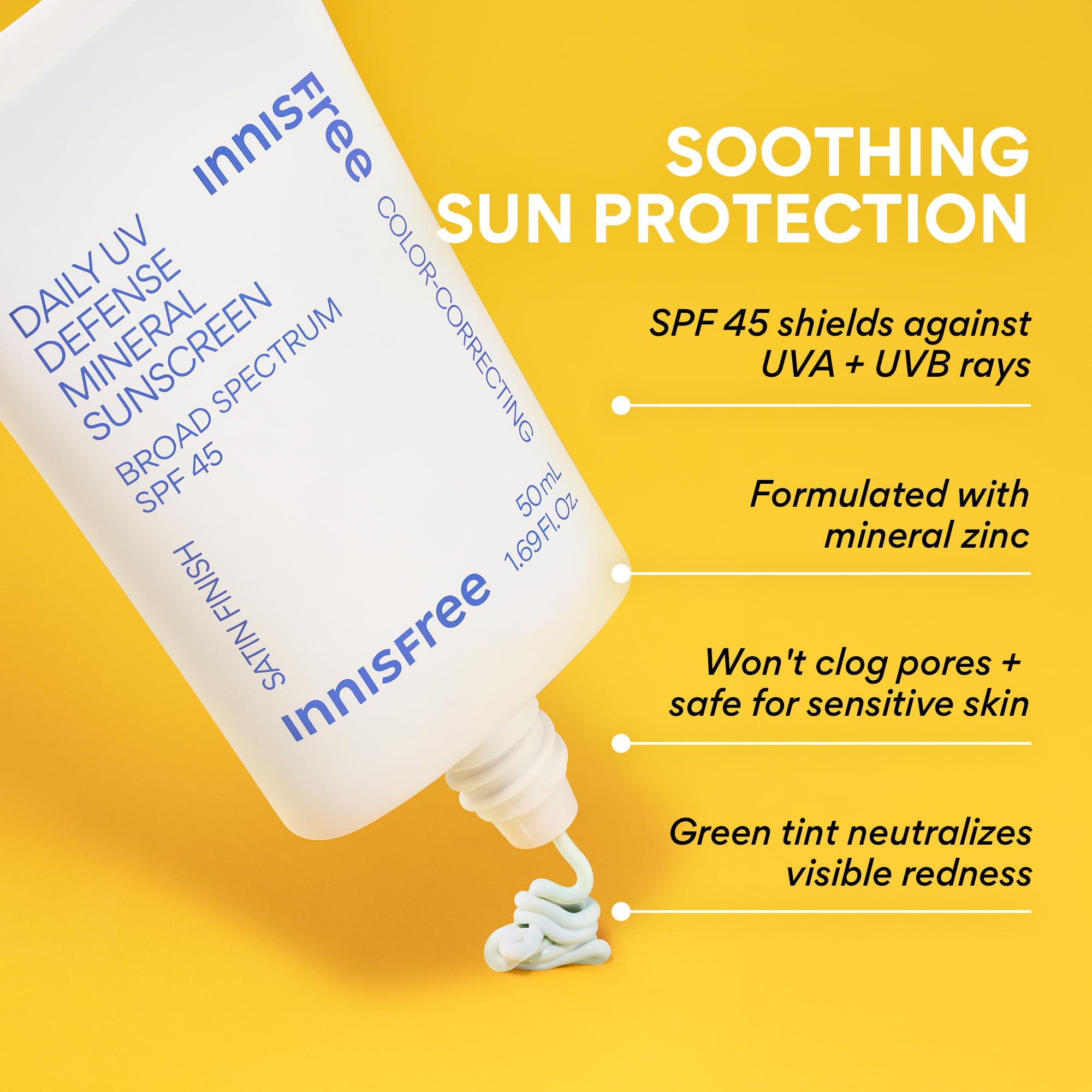 Innisfree Daily Mineral UV Defense applied to skin with green tint blending.
