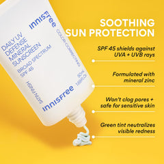 Innisfree Daily Mineral UV Defense applied to skin with green tint blending.