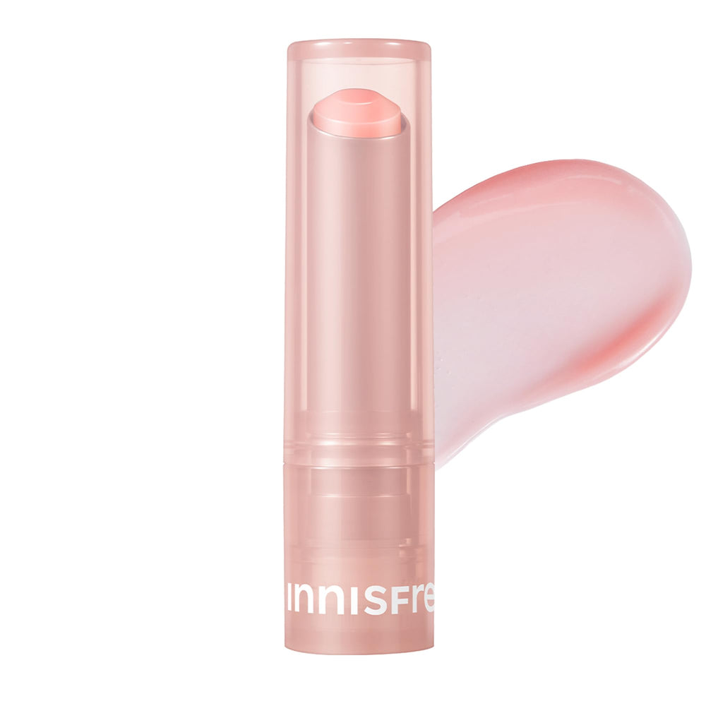 Innisfree Dewy Tint Lip Balm in Baby Pink close-up showing natural glow and hydration