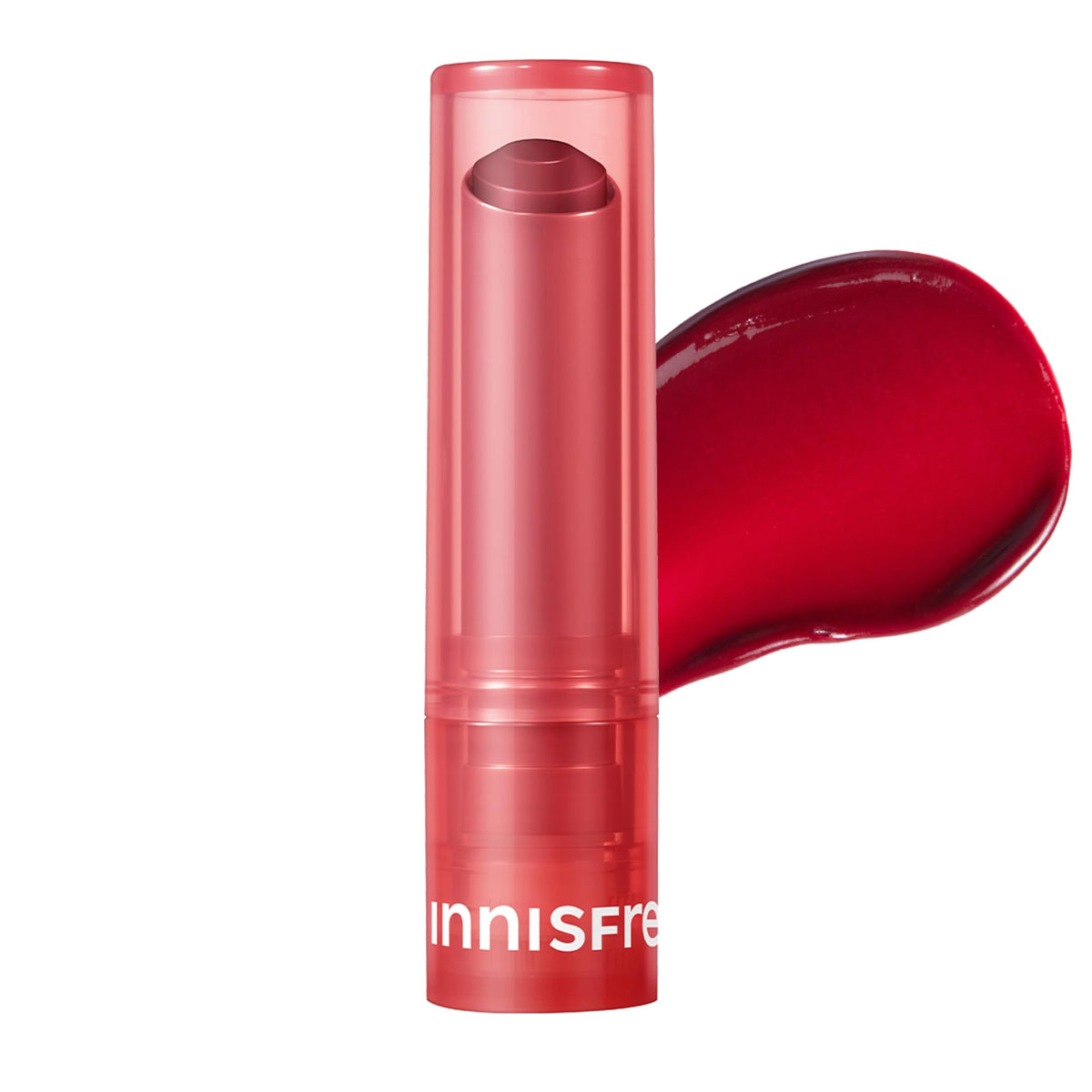 Innisfree Dewy Tint Lip Balm Power Cherry swatch on lips with natural flush.