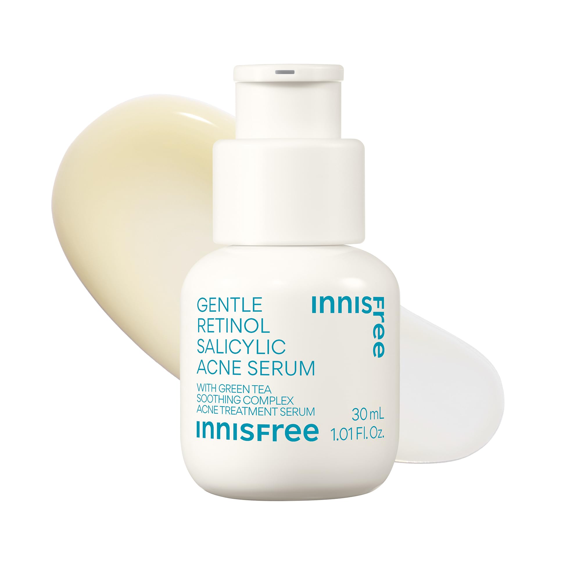 Innisfree Gentle Retinol Salicylic Acne Serum bottle supports clearer skin and gentle calming effects.