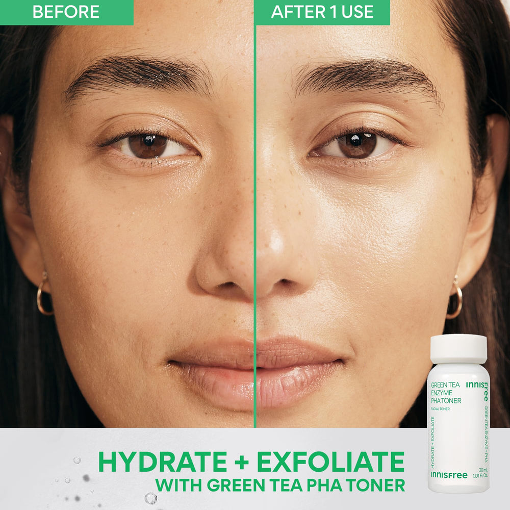 innisfree Green Tea Enzyme PHA Toner gentle exfoliation and hydration.