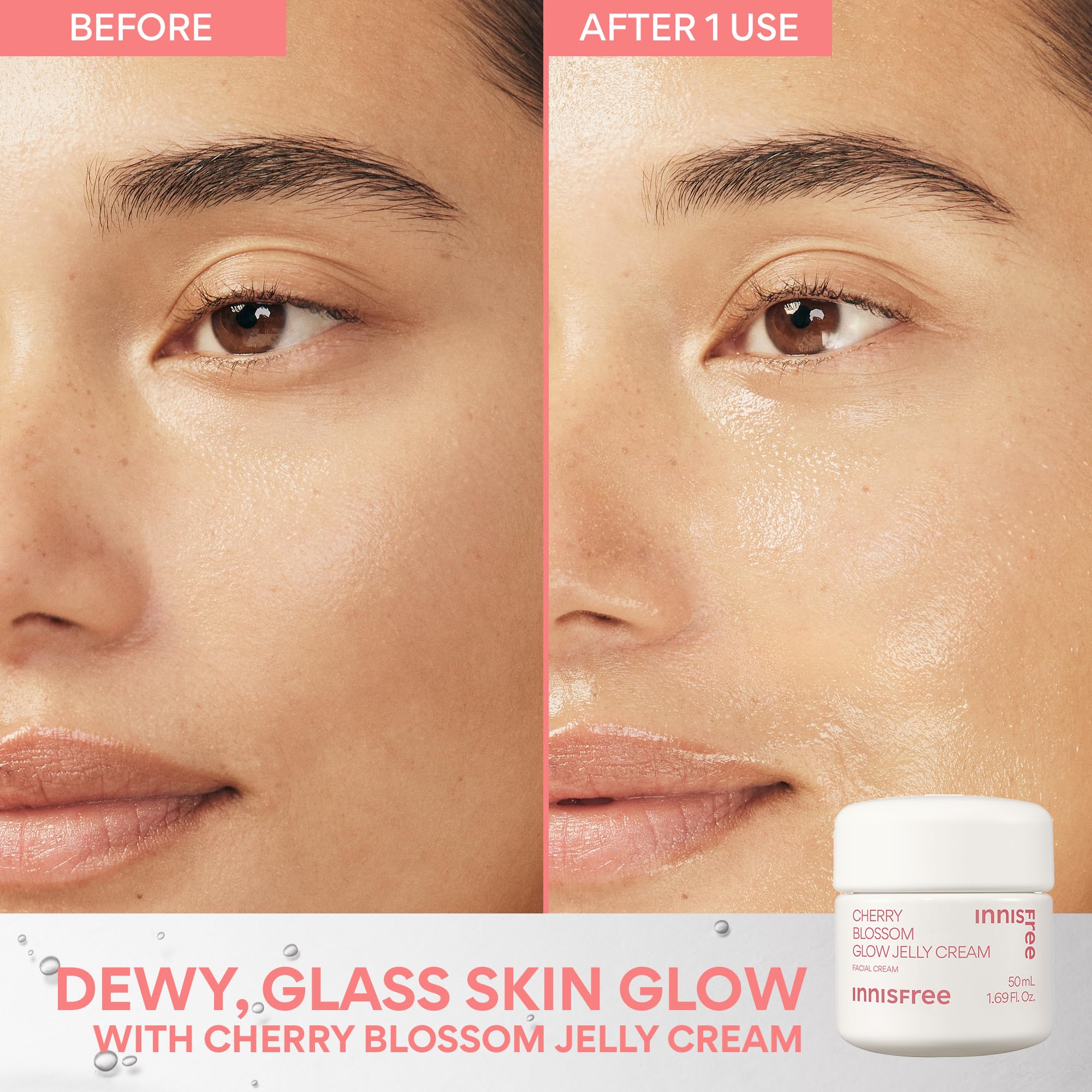 innisfree Glow + Brighten set jelly-cream texture close-up showing dewy radiance.