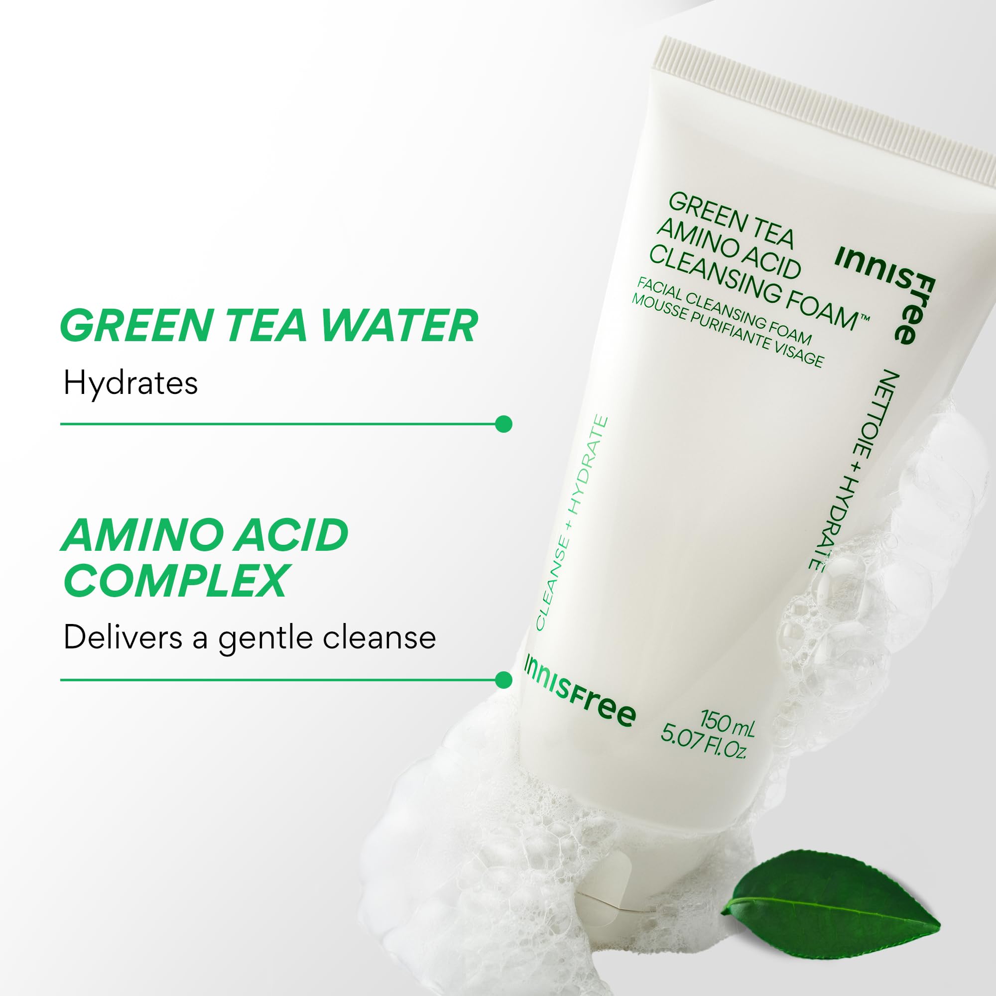 Innisfree Green Tea Amino Acid Cleansing Foam close-up showing green tea, hydrating formula.