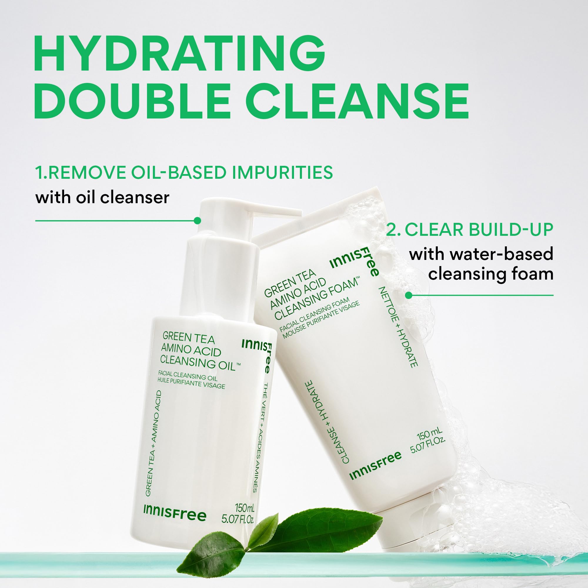 Innisfree Green Tea Amino Acid Cleansing Foam on a clean vanity suggesting refreshed skin.